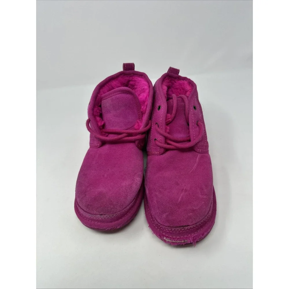 UGG Neumel Magenta Pink Suede Lace Up Sheepskin Ankle Boots 1017320K Kids 4